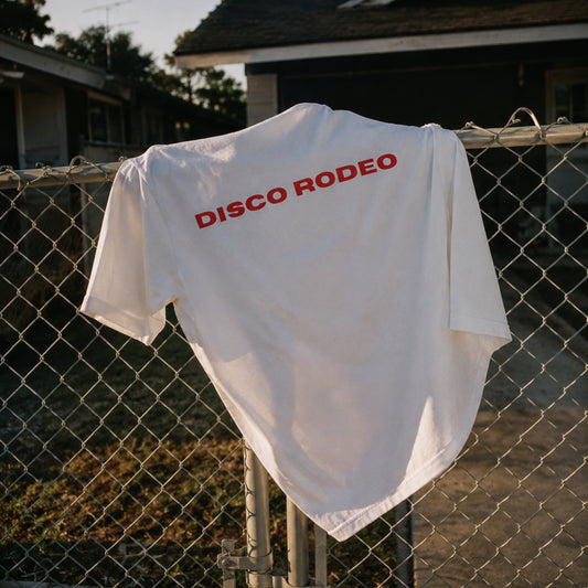 DISCO RODEO Red Edition western graphic T-shirt styled for STRANDED homepage