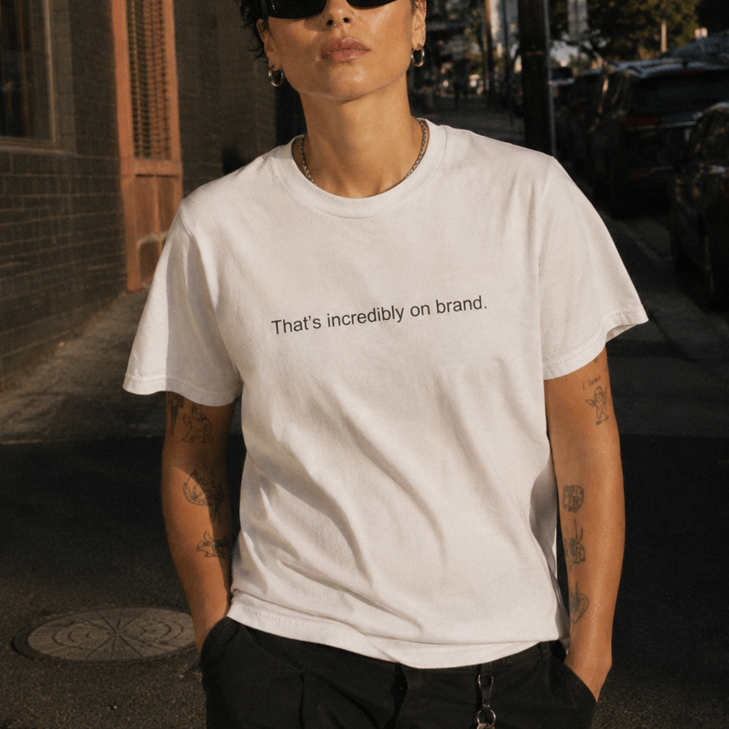 THAT'S INCREDIBLY ON BRAND STRANDED tee styling image
